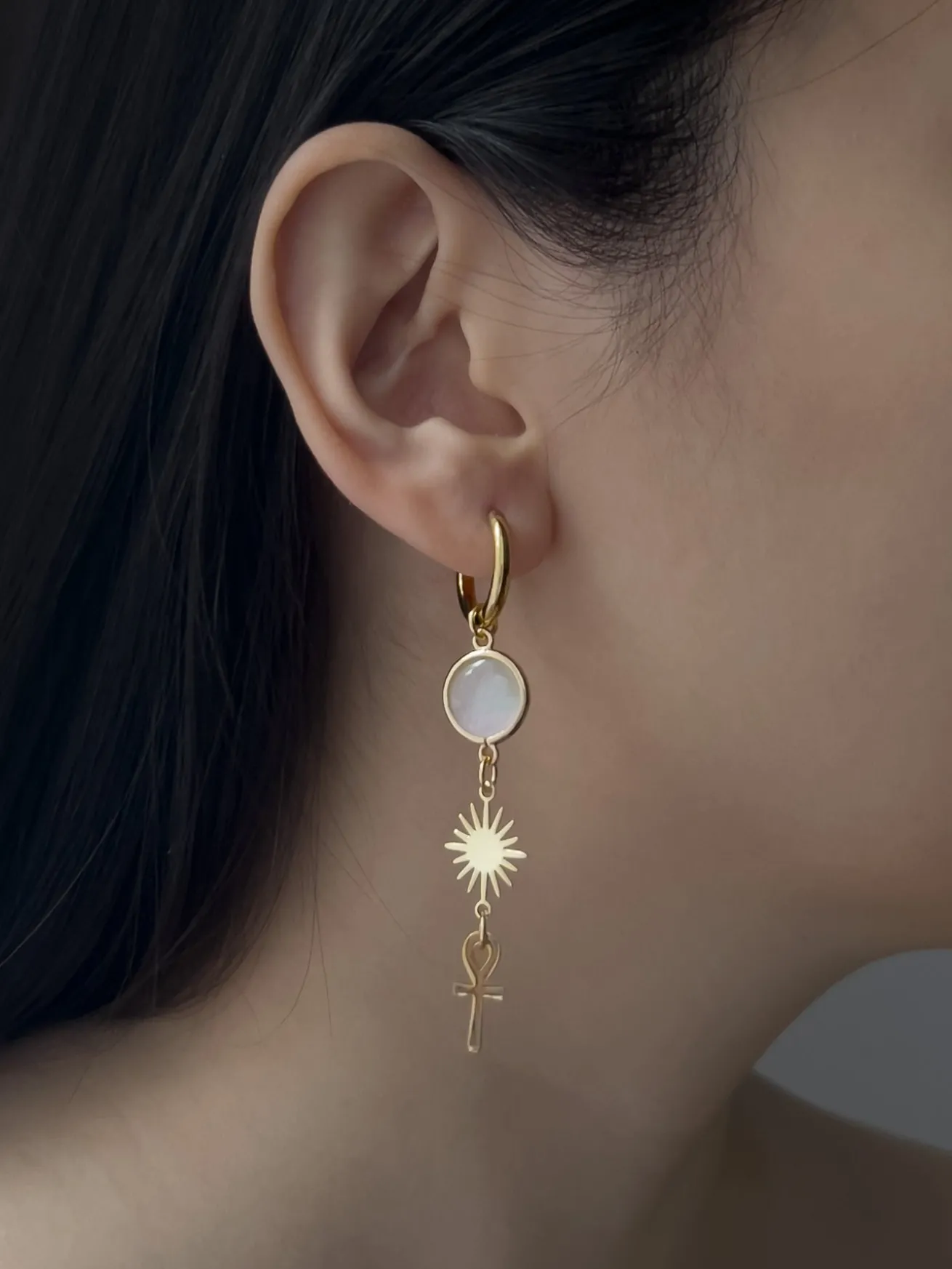 Ankh and Crescent Moon Mismatched Hoops