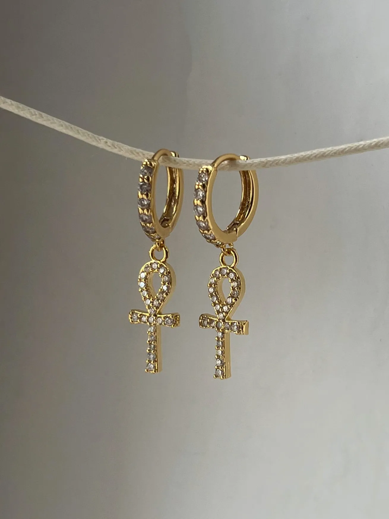 Ankh Pavé Huggies - Clear Gemstones