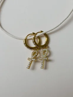 Ankh Pavé Huggies - Clear Gemstones