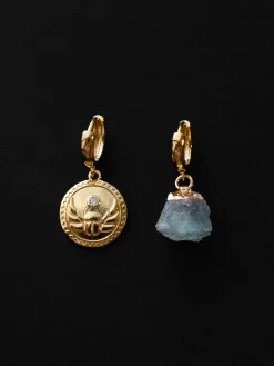 Aquamarine Stone & Scarab Mismatched Huggies