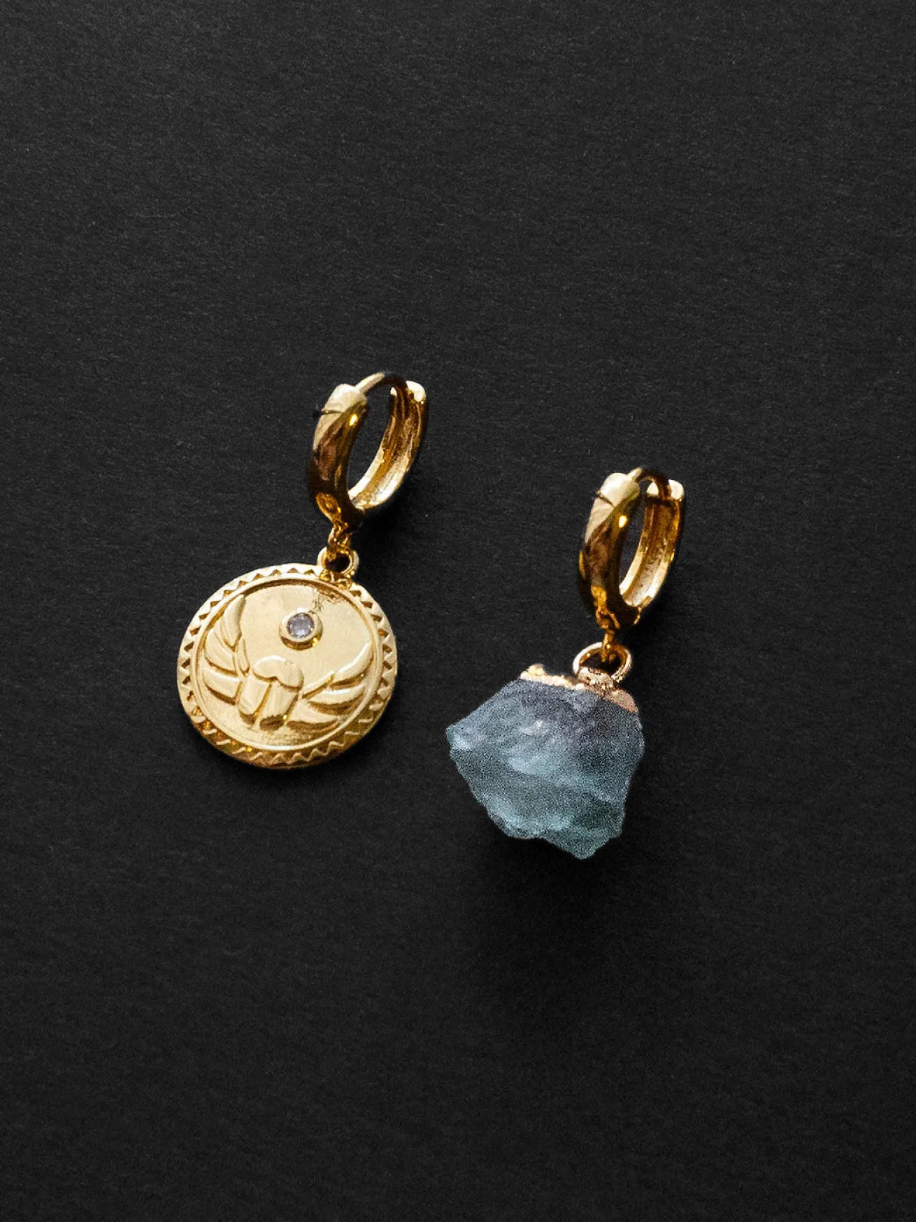 Aquamarine Stone & Scarab Mismatched Huggies