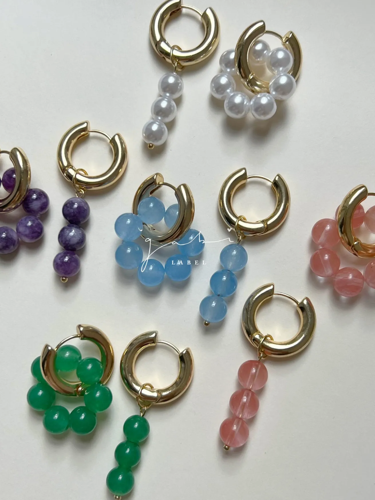 Asymmetrical Hoops with Natural Stones - Pink