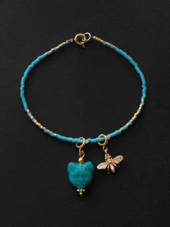 Beaded Bracelet - Turquoise Glass Cat, Gold Bee