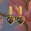 Black Cloisonne Heart Chunky Gold Hoops