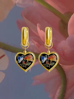 Black Cloisonne Heart Chunky Gold Hoops