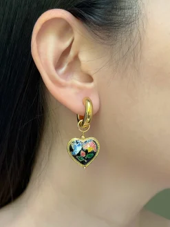 Black Cloisonne Heart Chunky Gold Hoops