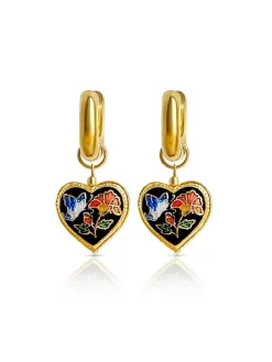 Black Cloisonne Heart Chunky Gold Hoops