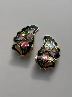 Black Oriental Floral Clip-Ons (Vintage)