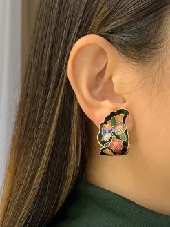 Black Oriental Floral Clip-Ons (Vintage)