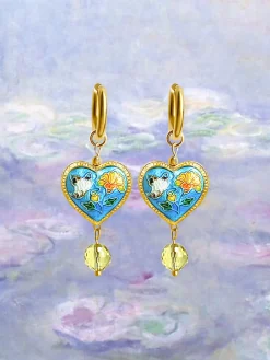 Blue Cloisonne Heart Dangling Earrings with Yellow Glass Crystal