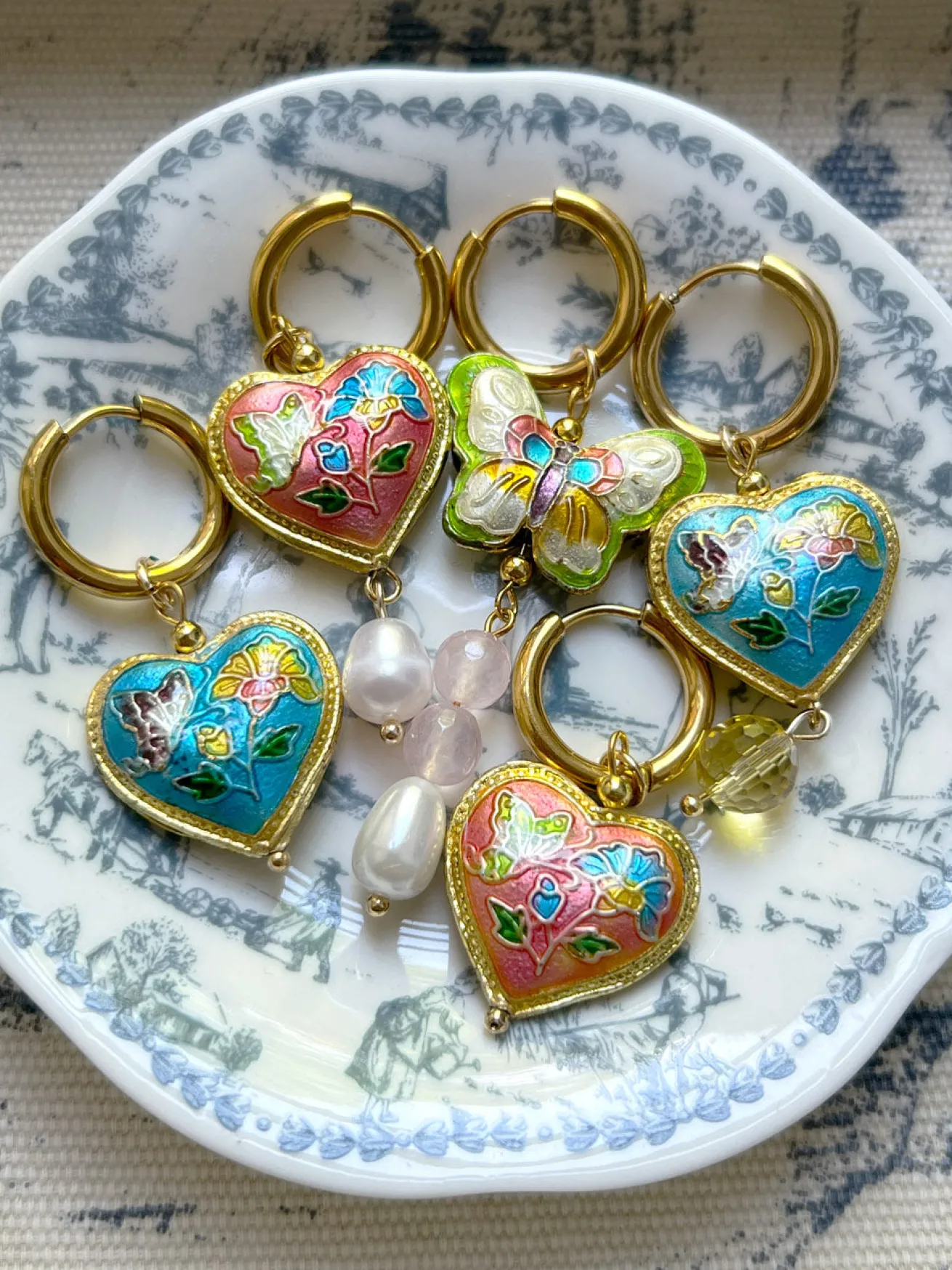 Blue Cloisonne Heart Hoops