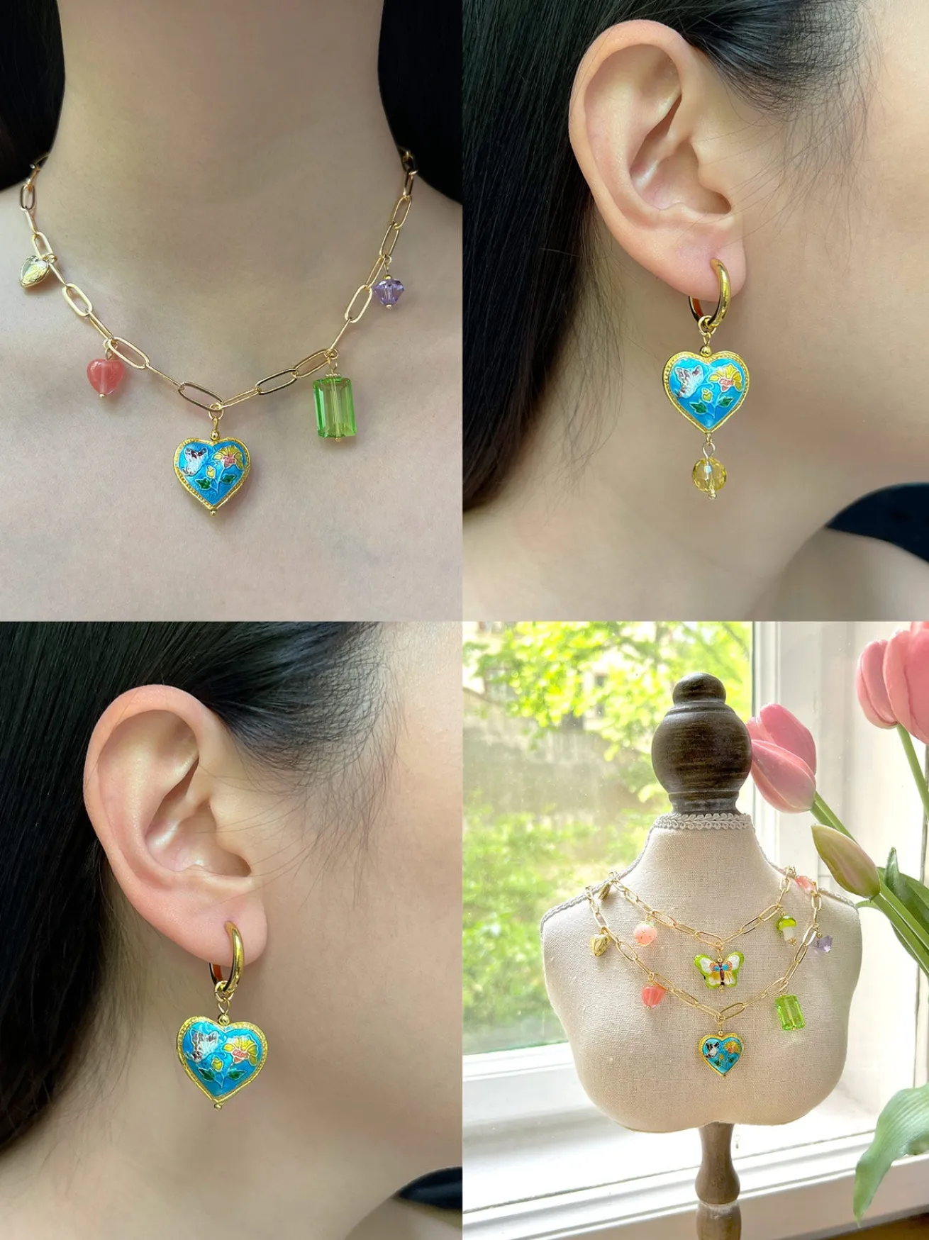 Blue Cloisonne Heart Hoops
