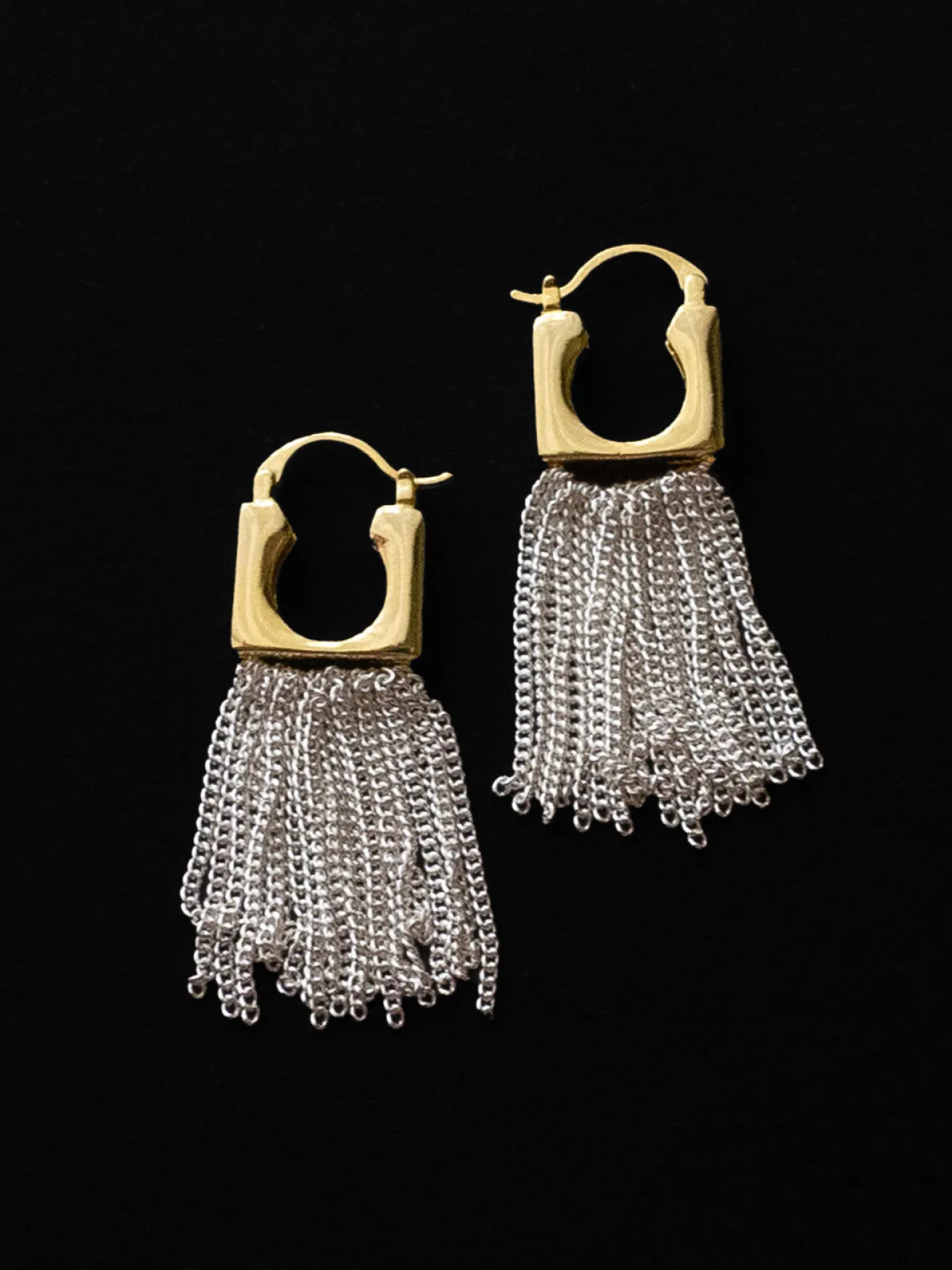Boxy Gold Earrings with Silver Dangling Chains