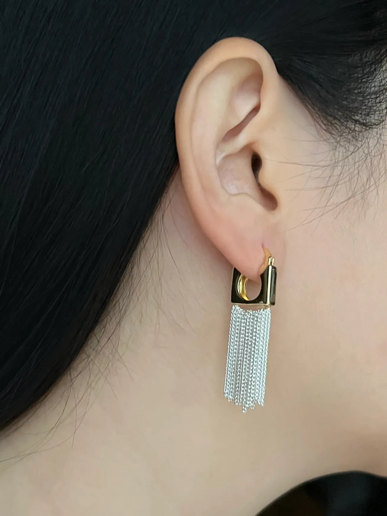 Boxy Gold Earrings with Silver Dangling Chains