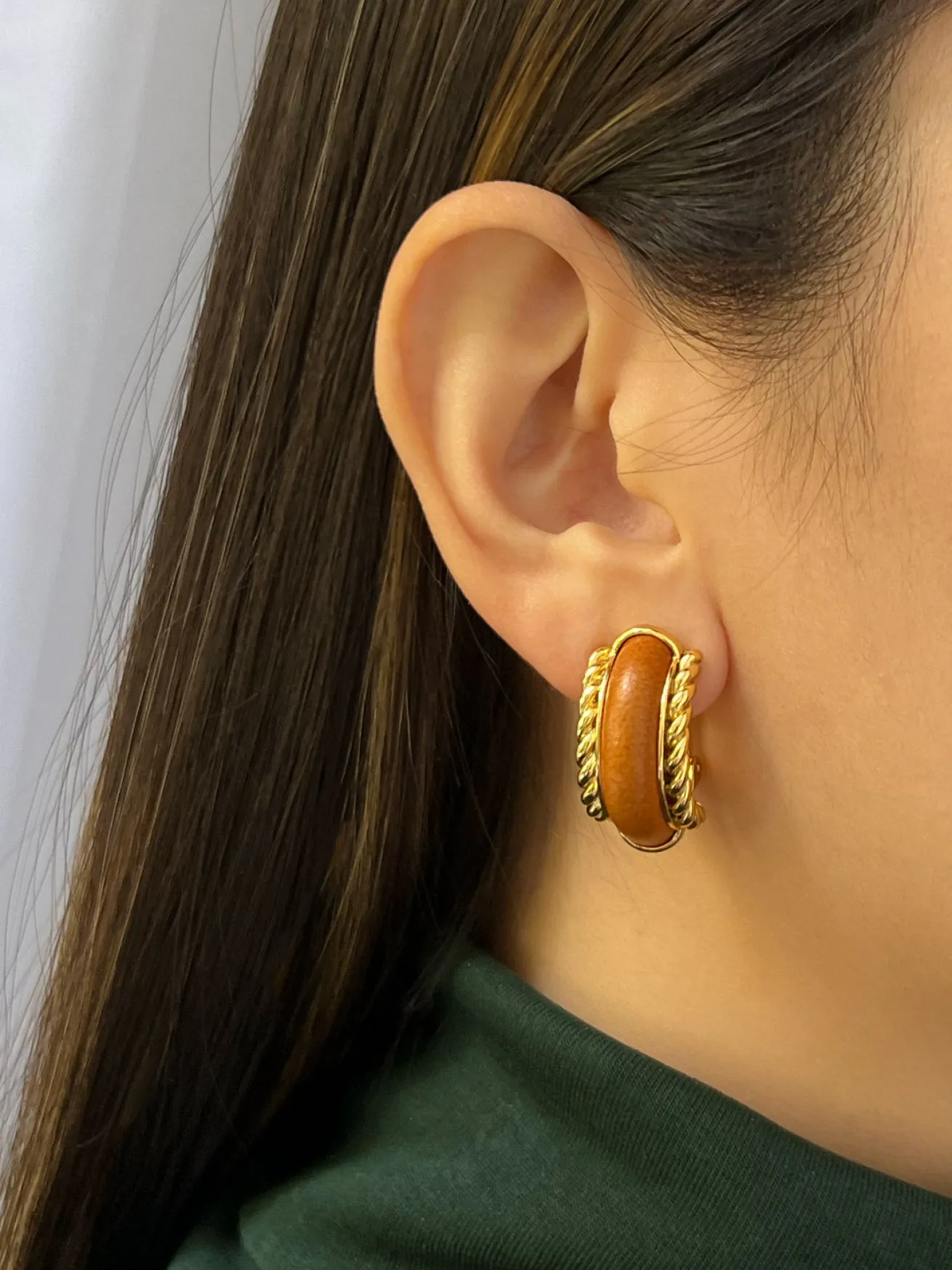 Brown Leather Gold Chain Clip-Ons (Vintage)