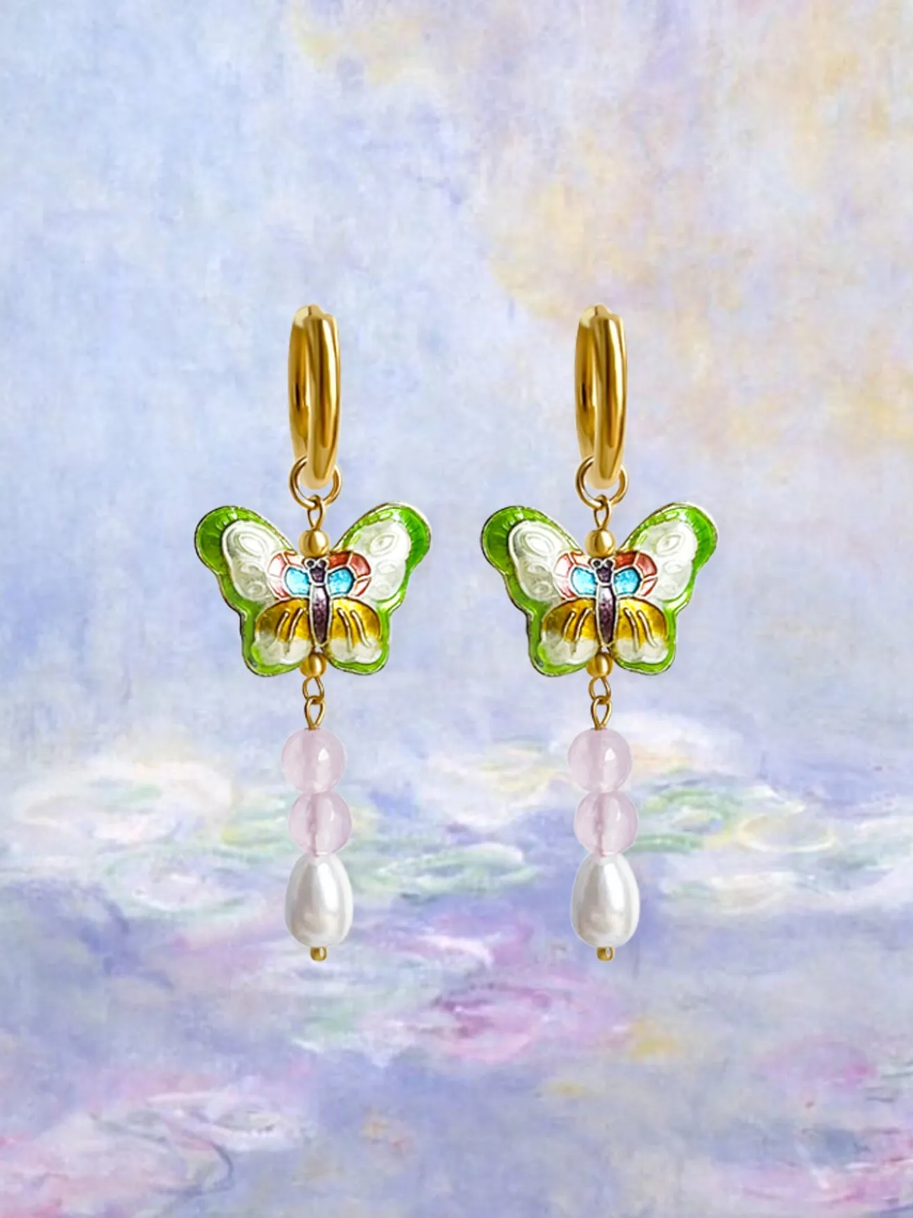 Butterfly Cloisonne Dangling Earrings - Rose Quartz/Teardrop Pearl