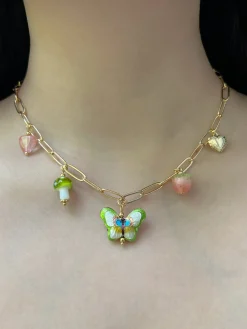 Butterfly Cloisonne Dangling Earrings - Rose Quartz/Teardrop Pearl