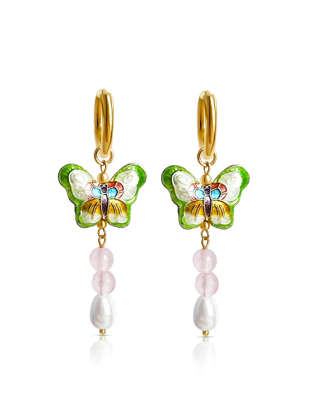 Butterfly Cloisonne Dangling Earrings - Rose Quartz/Teardrop Pearl