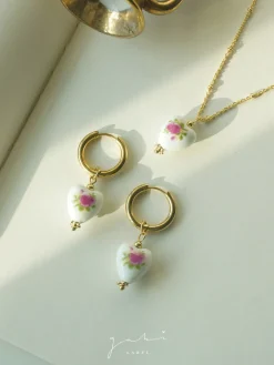 Ceramic Flower Heart Necklace - Pink