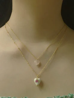 Ceramic Flower Heart Necklace - Pink