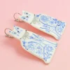Ceramic Handpainted Cat Earrings with Flowers - Silver/Blue