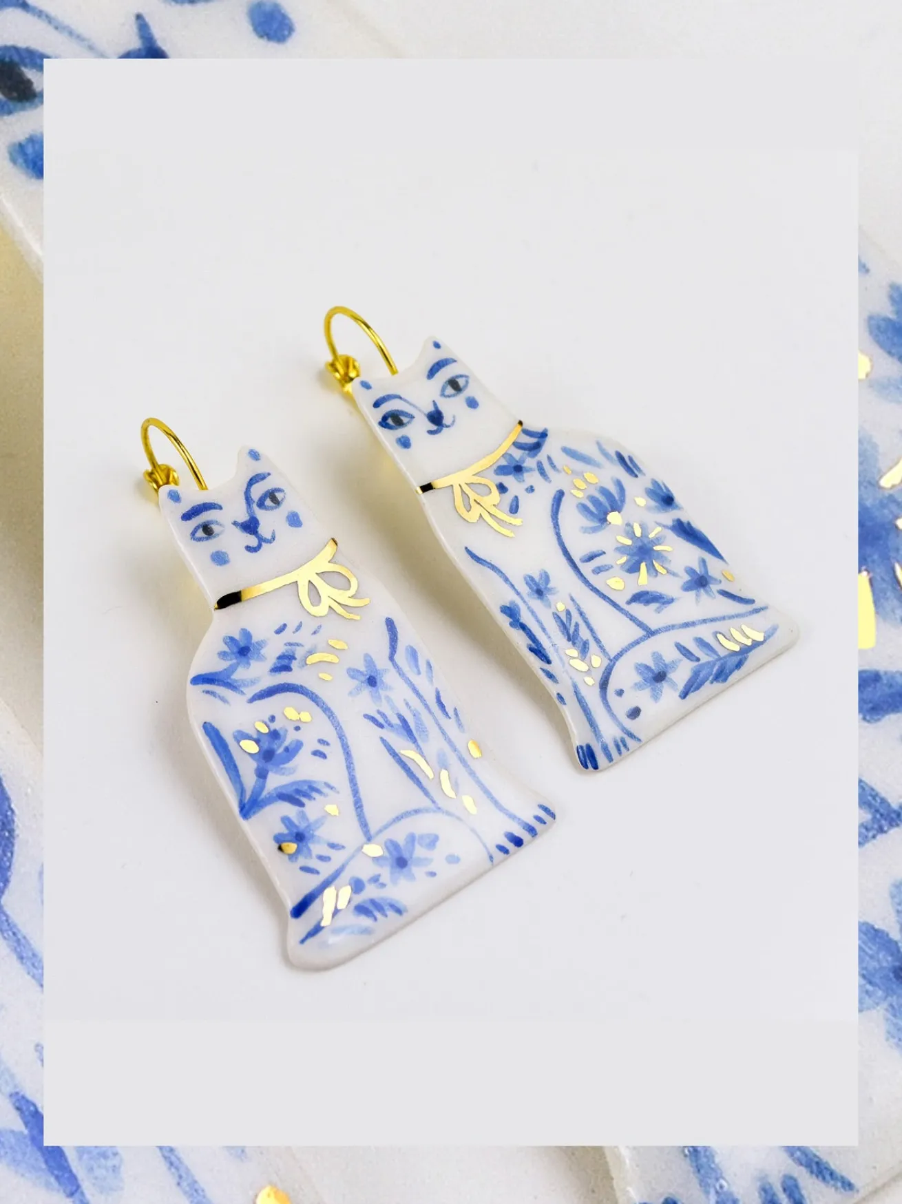 Ceramic Handpainted Cat Earrings with Flowers - Gold/Blue