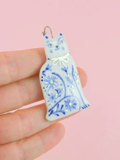 Ceramic Handpainted Cat Earrings with Flowers - Silver/Blue