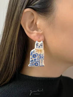 Ceramic Handpainted Cat Earrings with Flowers - Gold/Blue