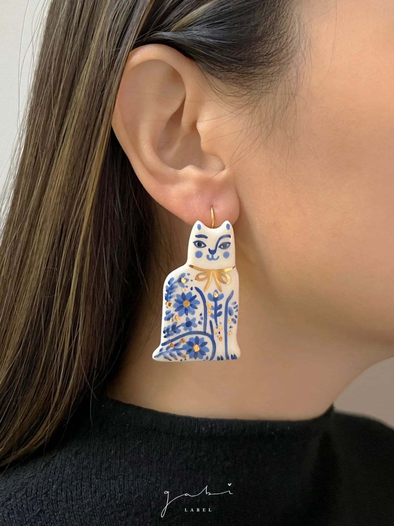 Ceramic Handpainted Cat Earrings with Flowers - Gold/Blue