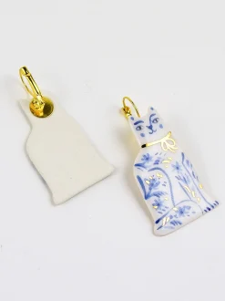 Ceramic Handpainted Cat Earrings with Flowers - Gold/Blue