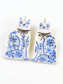 Ceramic Handpainted Cat Earrings with Flowers - Silver/Blue