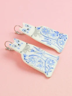 Ceramic Handpainted Cat Earrings with Flowers - Gold/Blue