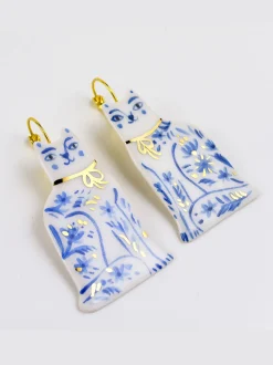 Ceramic Handpainted Cat Earrings with Flowers - Silver/Blue