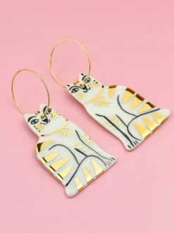 Ceramic Handpainted Cat Hoops with Stripes - Gold