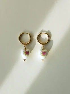 Ceramic Heart Hoop Earrings - Pink