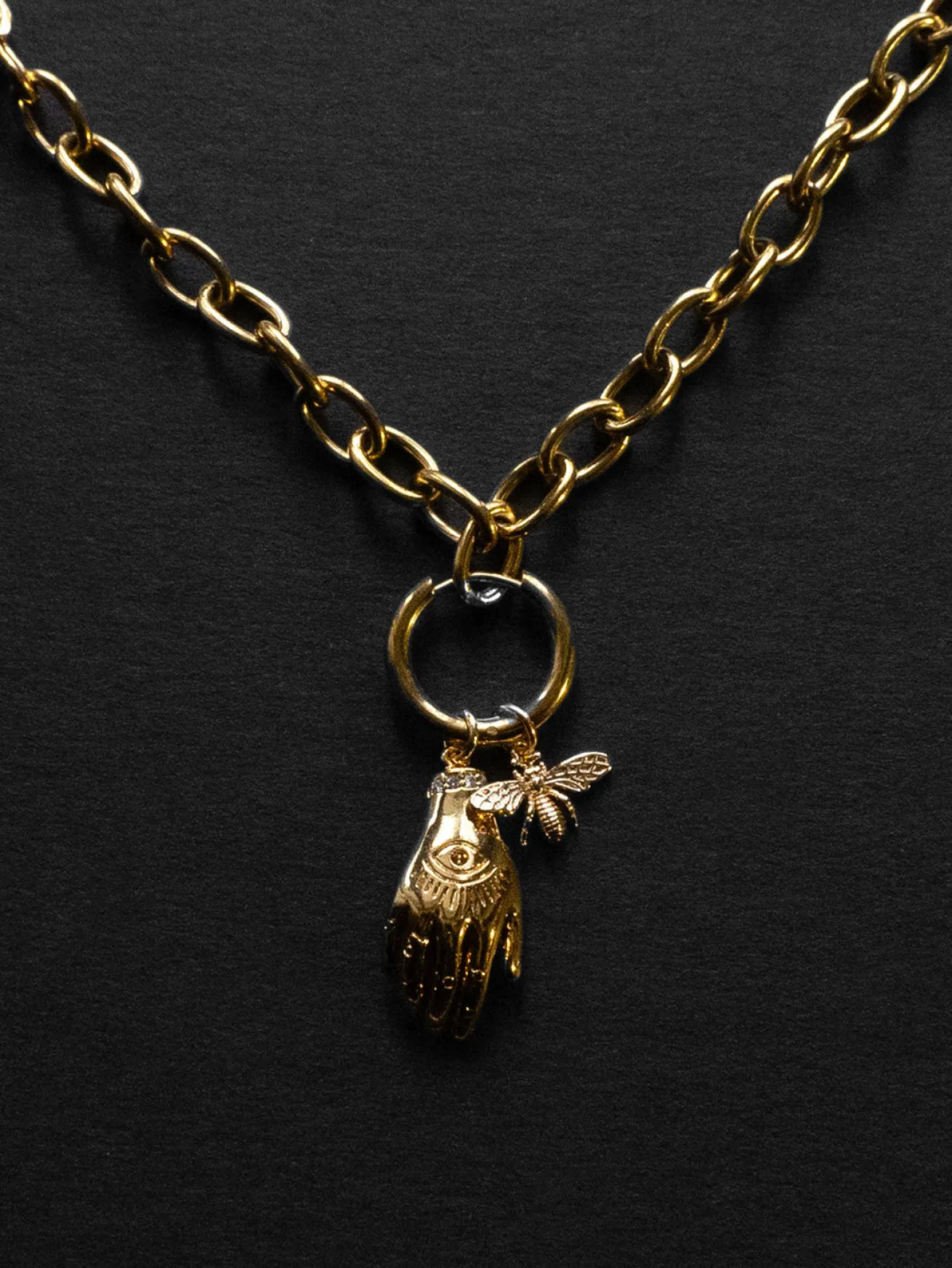 Chunky Gold Chain Necklace - Evil Eye Hand, Bee