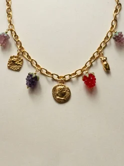 Chunky Gold Tasliman Necklace - Roman Coin, Glass Berries