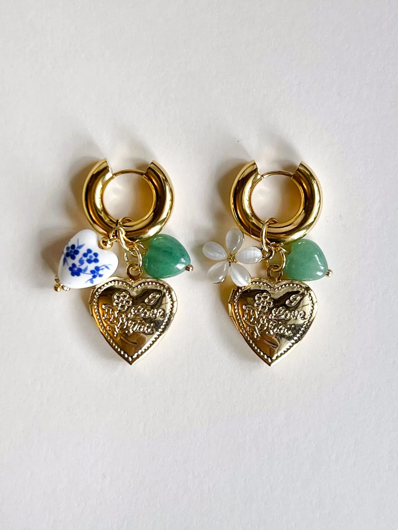 Chunky Heart Locket Hoops - Blue Ceramic Heart/Green Stones