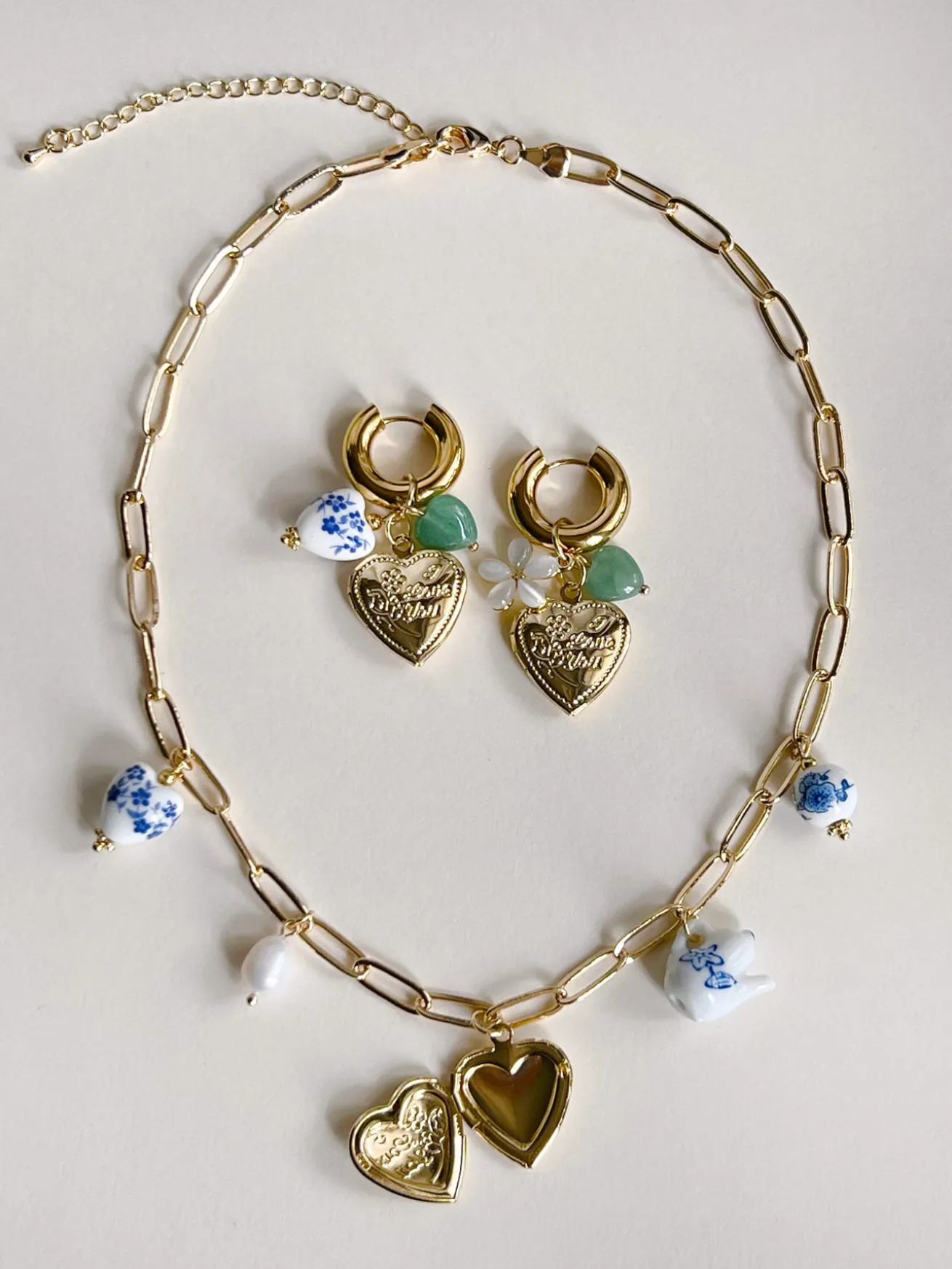 Chunky Heart Locket Hoops - Blue Ceramic Heart/Green Stones