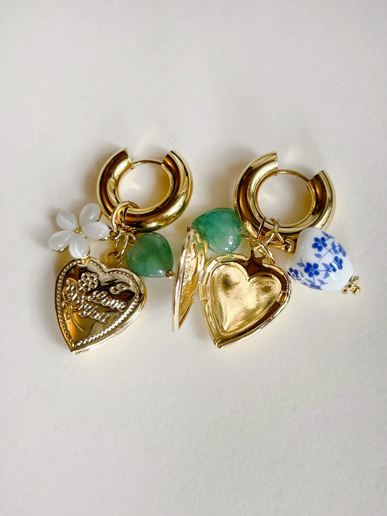 Chunky Heart Locket Hoops - Blue Ceramic Heart/Green Stones