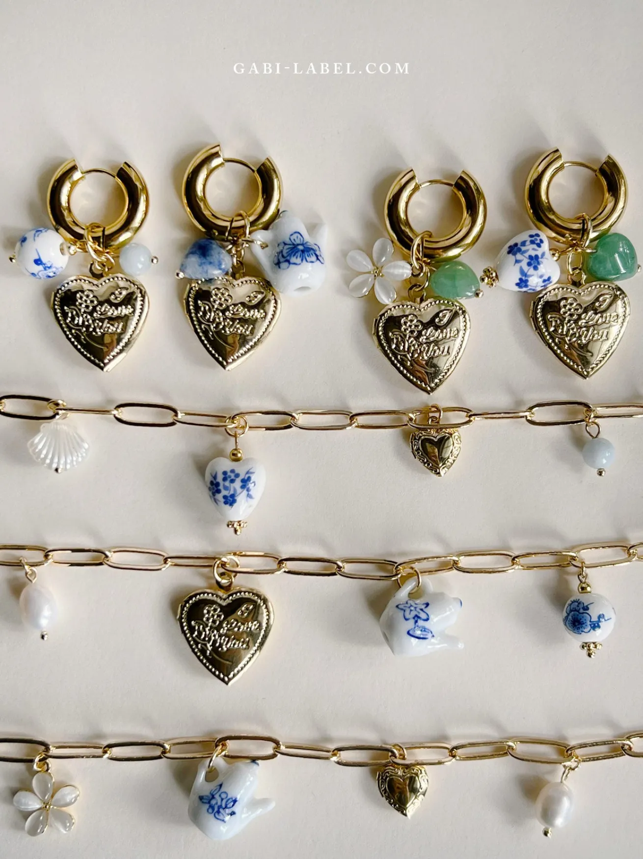 Chunky Heart Locket Hoops - Blue Ceramic Heart/Green Stones