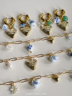Chunky Heart Locket Hoops - Blue Ceramic Heart/Green Stones