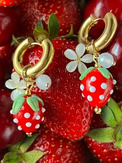 Chunky Strawberry Hoops with Assorted Charms - Pink