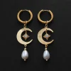 Crescent Moon Earrings - Opal Charms, Teardrop Glass Pearls