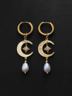 Crescent Moon Earrings - Opal Charms, Teardrop Glass Pearls