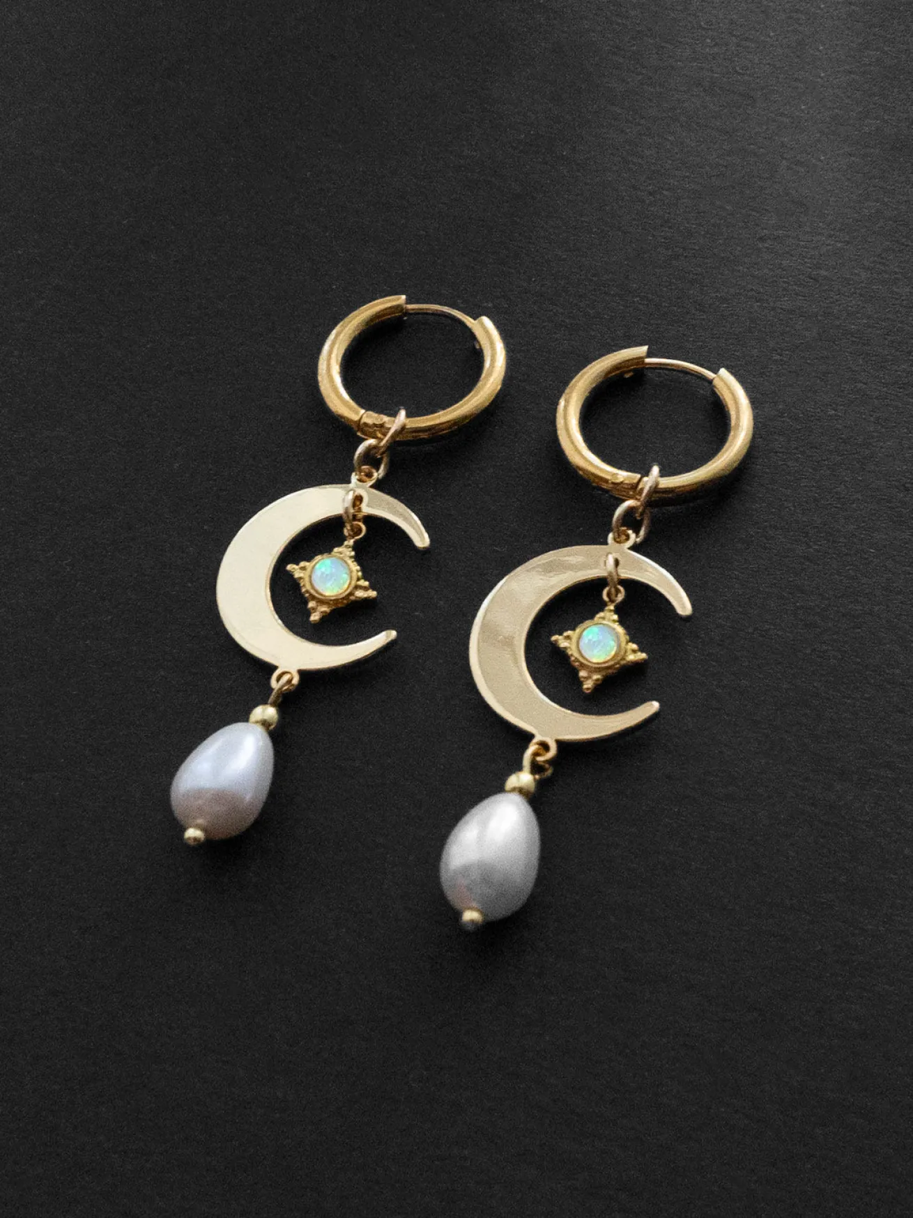 Crescent Moon Earrings - Opal Charms, Teardrop Glass Pearls