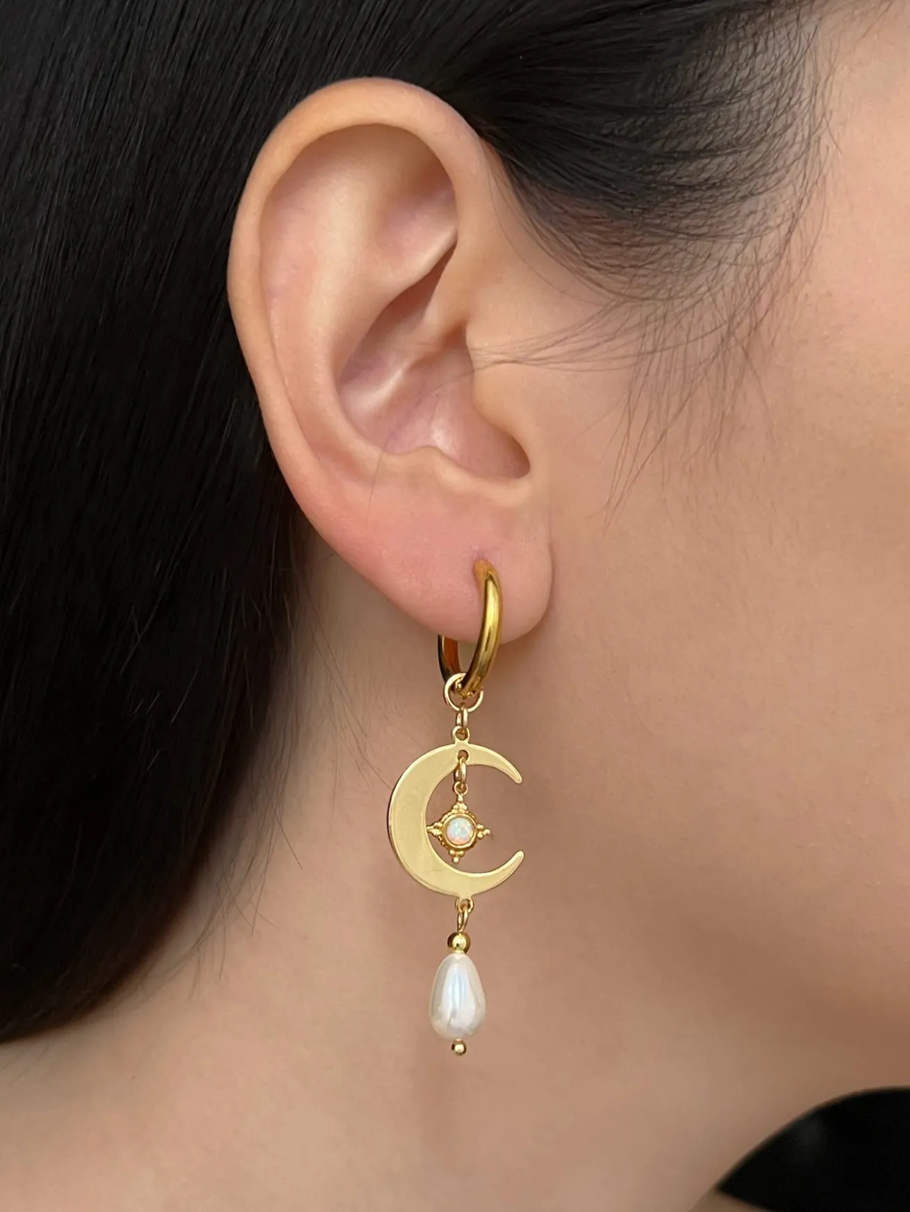 Crescent Moon Earrings - Opal Charms, Teardrop Glass Pearls