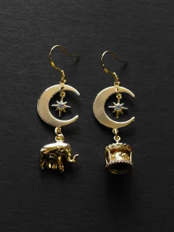 Crescent Moon Mismatched Carnival Earrings - Carousel, Elephant Charms