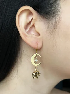 Crescent Moon Mismatched Carnival Earrings - Carousel, Elephant Charms