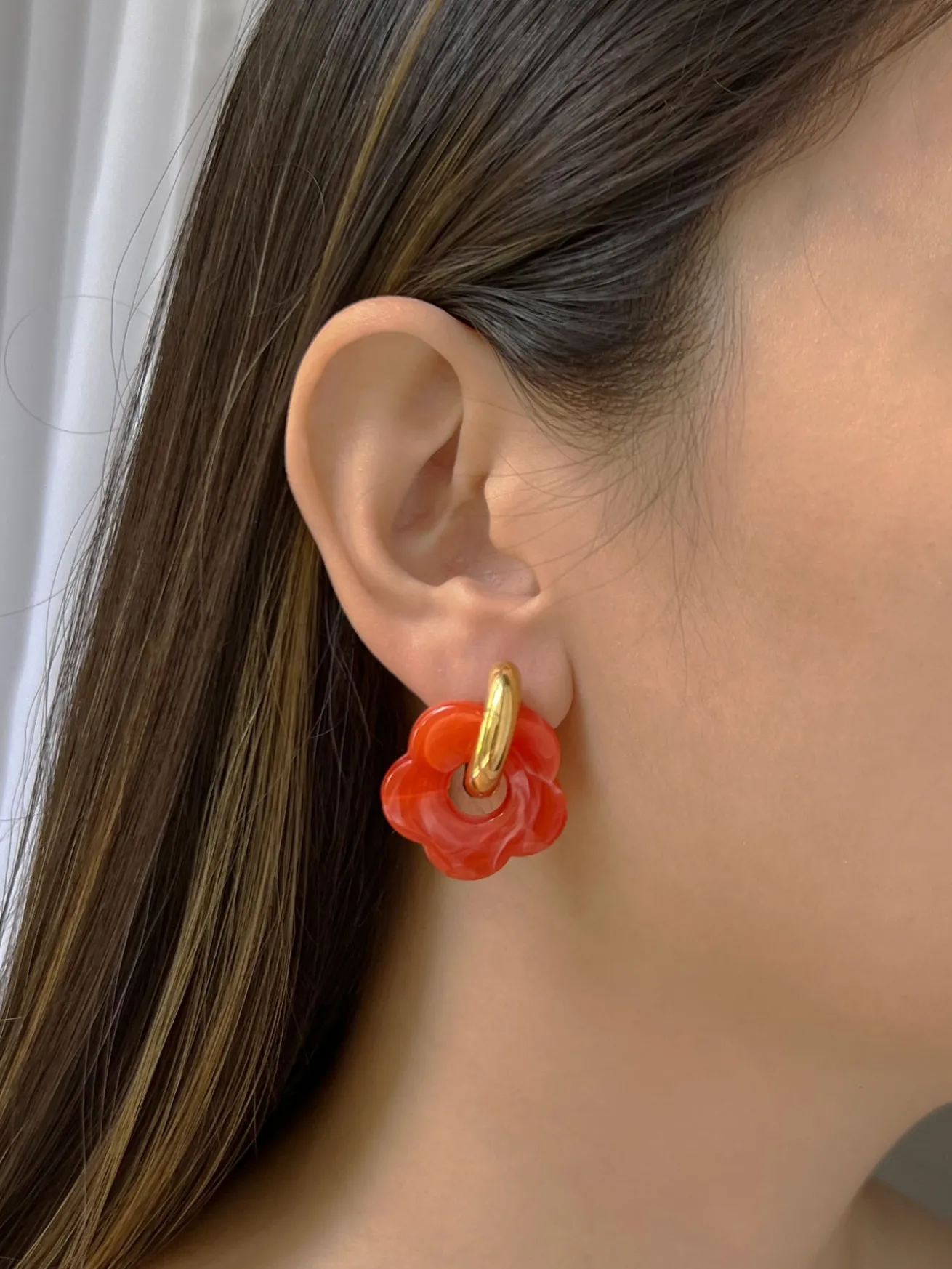 Donut Hoops with Flower Charm - Orange-red